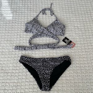 Shekini Black and White Dot Bikini Wrap Halter Top + Bottom Set size XS/S